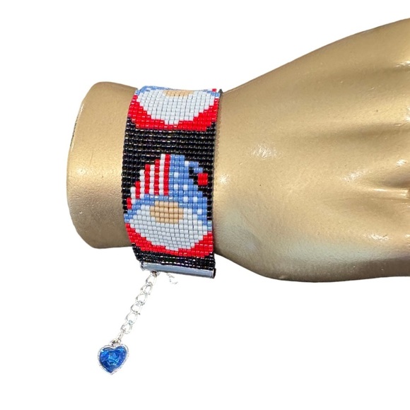 Handcrafted patriotic gnome beaded loom bracelet adjustable w/ blue heart charm - Picture 6 of 7